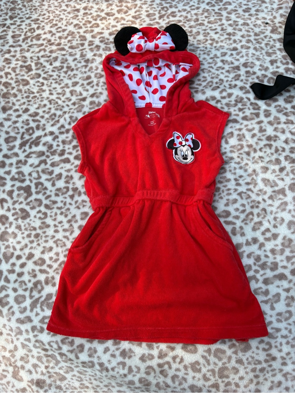 Disney Red Minnie Mouse Size 18m Hooded Swim Coverup with Polka Dot Bow and Ears